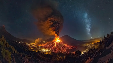 A wide-angle view of a volcanic eruption at night, showcasing bright lava flows under a smoky, ash-filled skyの素材