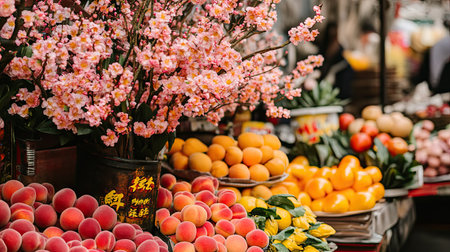 A vibrant outdoor market stall filled with blooming peach branches and other festive decorations for Chinese New Yearの素材