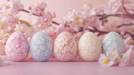 Easter eggs painted in pastel shades with dainty lace patterns, displayed on a soft pink background with spring blossomsの素材