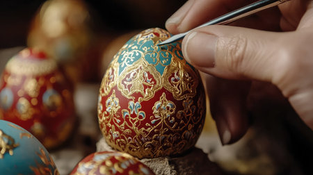 Close-up of intricately designed Easter eggs inspired by traditional Ukrainian pysanka patternsの素材