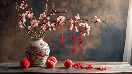 Blooming peach branches elegantly arranged in a ceramic vase, with red decorations and Chinese knots hanging aroundの素材