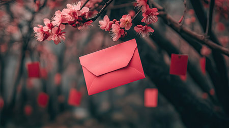 Close-up of blooming peach branches with pink flowers and hanging red envelopes, symbolizing good fortune for the new yearの素材