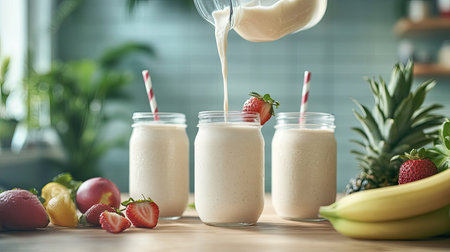 A frothy fruit smoothie being poured from a blender into mason jars, surrounded by fresh produce.の素材