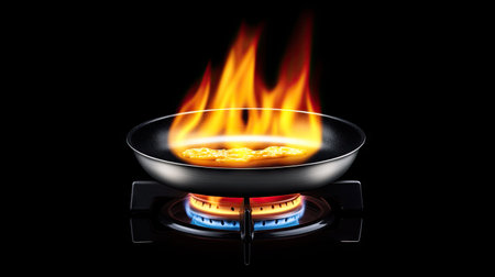 A gas stove with a frying pan sizzling, flames brightly visible beneath the pan as ingredients are being cooked.の素材