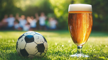 A frothy glass of beer next to a soccer ball on a green lawn with cheering fans in the distance.の素材