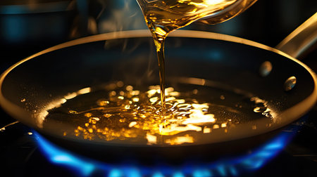 A frying pan over a blue flame as oil is being poured in, with a focus on the shimmering golden liquid.の素材
