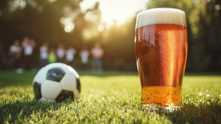 A frothy glass of beer next to a soccer ball on a green lawn with cheering fans in the distance.の素材