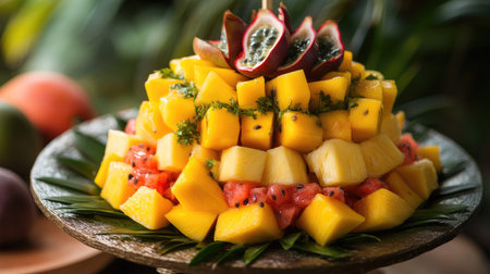 A fruit skewer centerpiece with an assortment of tropical fruits like mango, pineapple, and passion fruit.の素材
