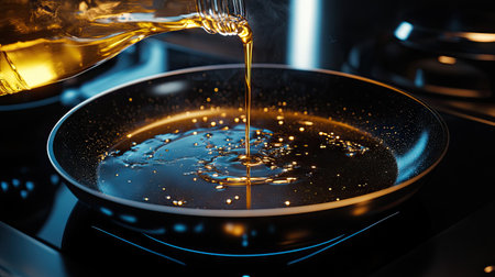 A frying pan heating up on an induction stove as a steady stream of oil is poured in from a glass bottle.の素材