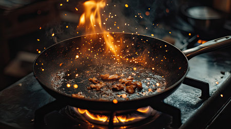 A frying pan on a gas burner with flames flickering beneath it as food is quickly seared in a high-heat cooking process.の素材