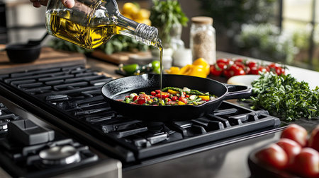 A home chef pouring oil into a cast-iron skillet on a stovetop, with fresh ingredients ready for cooking.の素材