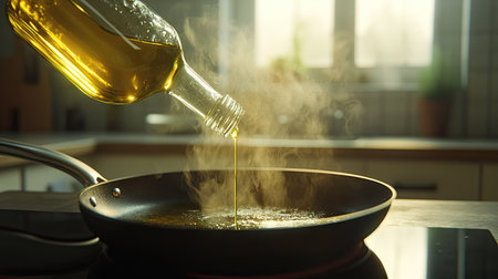 A glass bottle of olive oil being tilted over a hot frying pan, with steam rising in a modern kitchen.の素材