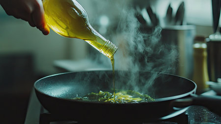 A healthy cooking scene with someone pouring grapeseed oil into a frying pan while preparing a meal.の素材