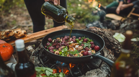 A healthy cooking scene with someone pouring grapeseed oil into a frying pan while preparing a meal.の素材