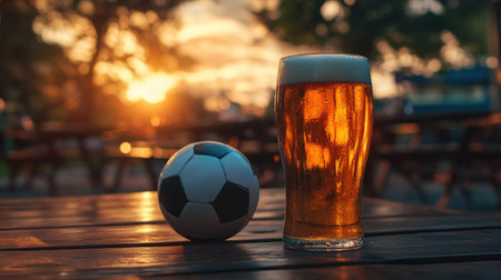 A frosty glass of beer beside a soccer ball on a wooden table in an outdoor bar during sunset.の素材