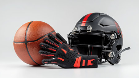 A group of sports gear items like a basketball, football helmet, and workout gloves, isolated on a clean white background.の素材