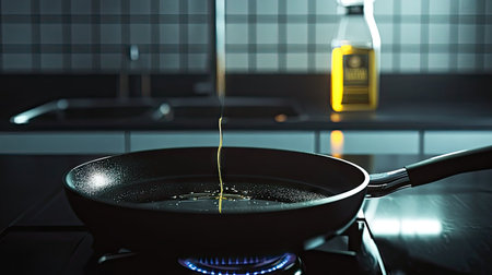 A frying pan on an electric stove as a drizzle of canola oil flows in from a branded bottle.の素材