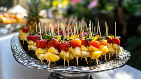 A group of fresh fruit skewers featuring kiwi, pineapple, and strawberries, set on a silver platter at a summer gathering.の素材