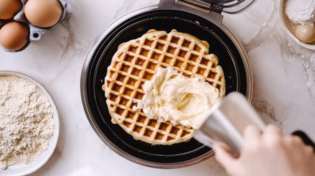 A hand pouring batter into a modern waffle maker, with ingredients like eggs, flour, and milk nearby.の素材