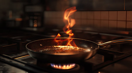 A frying pan on a gas burner with flickering flames and a touch of oil inside, heating up for a delicious meal.の素材