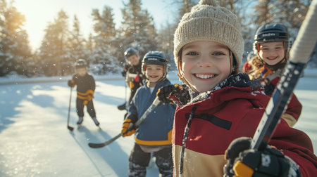 A group of kids holding hockey sticks, smiling on an outdoor ice rink surrounded by snowy trees.の素材