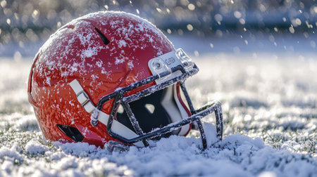 A helmet lying on snow-covered turf, emphasizing a winter football game theme.の素材