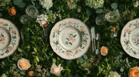 A garden-themed table with fresh flowers, vintage plates, and greenery draped across the table.の素材