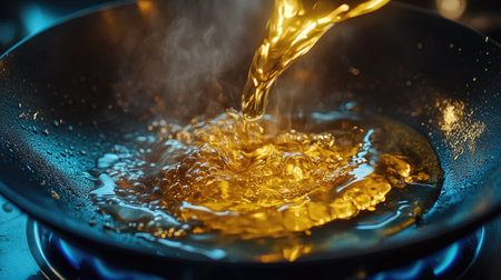 A frying pan over a blue flame as oil is being poured in, with a focus on the shimmering golden liquid.の素材