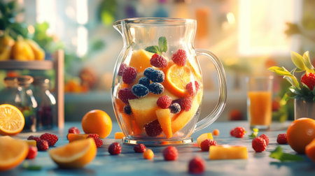 A glass blender jar blending vibrant fruits, with colorful berries and citrus fruits scattered around the counter.の素材