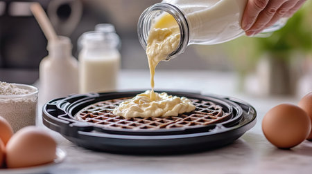 A hand pouring batter into a modern waffle maker, with ingredients like eggs, flour, and milk nearby.の素材