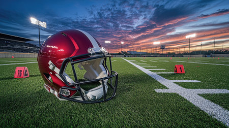 A glossy football helmet sitting on artificial turf, surrounded by yard markers and evening stadium lights.の素材