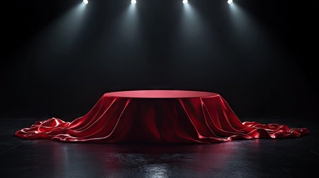A minimalist podium covered in red silk, glowing under bright spotlights on a glossy black floor.の素材