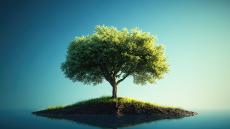 A green tree crown with delicate leaves, set against a perfect blue sky, symbolizing nature's beauty.の素材