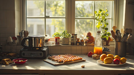 A kitchen scene with a waffle maker, fresh fruit, and maple syrup ready for breakfast prep.の素材