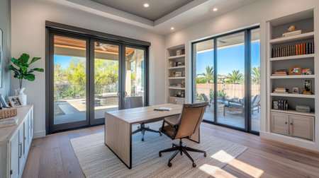 A home office with aluminum frame sliding doors providing natural light and access to a terrace.の素材