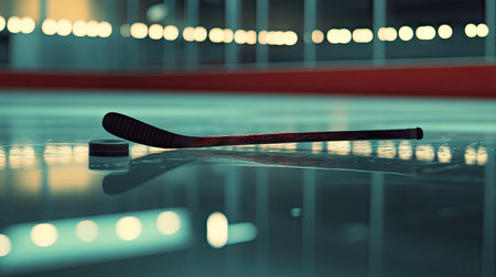 A hockey stick and puck placed on a smooth ice surface, reflecting soft arena lights.の素材