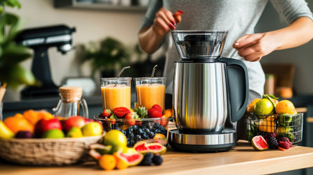 A kitchen counter with a blender, fresh fruit baskets, and smoothie glasses ready to serve.の素材