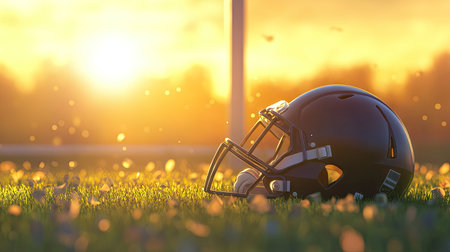 A helmet left near the field goal post, illuminated by golden-hour sunlight.の素材