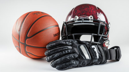 A group of sports gear items like a basketball, football helmet, and workout gloves, isolated on a clean white background.の素材