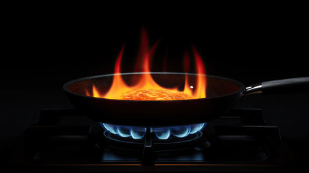 A frying pan placed on a gas burner, with flames intensifying beneath it as food begins to fry.の素材