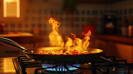 A frying pan sizzling with food over a gas stove, flames dancing beneath the pan in a cozy kitchen setting.の素材