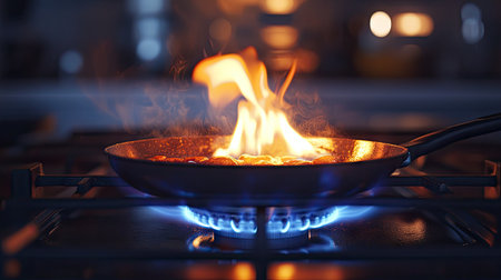A gas stove with a frying pan sizzling, flames brightly visible beneath the pan as ingredients are being cooked.の素材