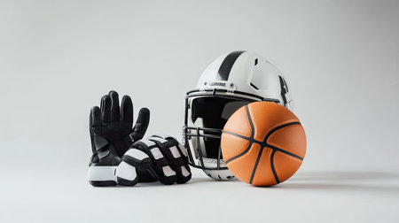 A group of sports gear items like a basketball, football helmet, and workout gloves, isolated on a clean white background.の素材