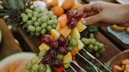 A hand reaching for a fresh fruit skewer topped with grapes, pineapple, and melon, at a summer buffet.の素材