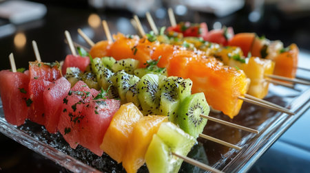A group of fresh fruit skewers, with vibrant fruit like watermelon, kiwi, and orange slices, served on a glass tray.の素材
