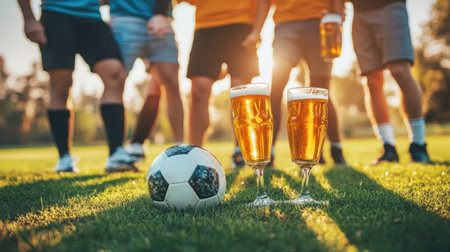 A group of friends holding beer glasses with a soccer ball at their feet on a grassy field.の素材