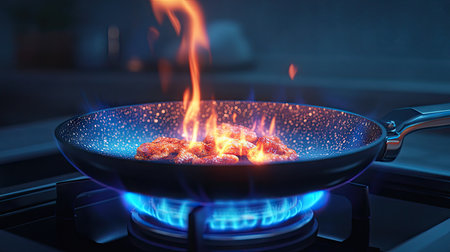 A frying pan on a gas burner with flames flickering beneath it as food is quickly seared in a high-heat cooking process.の素材