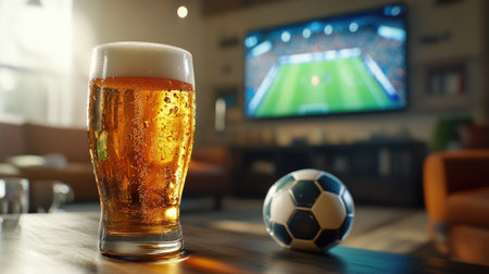 A glass of golden beer resting on a table with a soccer ball and a flat-screen TV showing a match.の素材