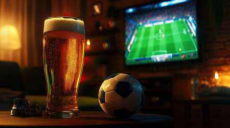 A glass of golden beer resting on a table with a soccer ball and a flat-screen TV showing a match.の素材