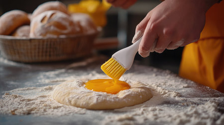 A high-angle view of a pastry chef using a silicone brush to apply egg yolk onto bread dough in a bakery kitchen.の素材